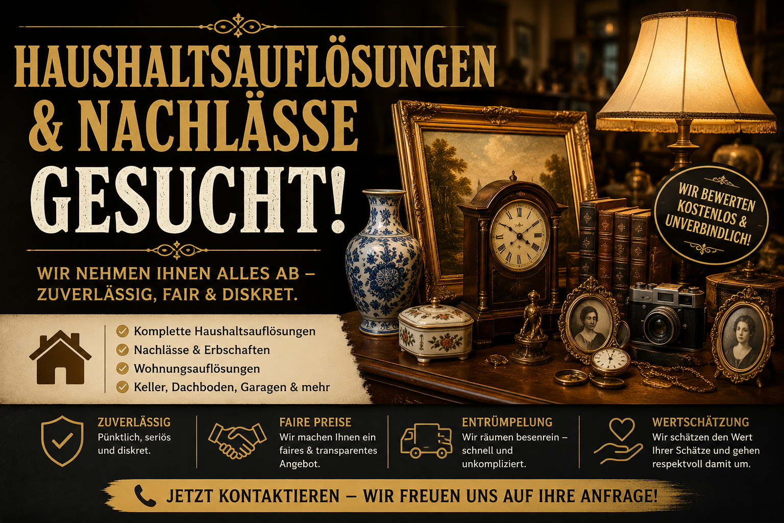 Wir suchen und verwerten Haushaltsauflösungen, Entrümpelungen und Sammlungen – egal in welchem Zustand! Sie müssen ein Haus, eine Wohnung oder einen Keller räumen und wissen nicht, wohin mit den Gegenständen? PrimeFundus ist Ihr zuverlässiger Partner. Wir sind ständig auf der Suche nach neuen Artikeln, Sammlerstücken, Werkzeugen, Geschirr und vielem mehr.